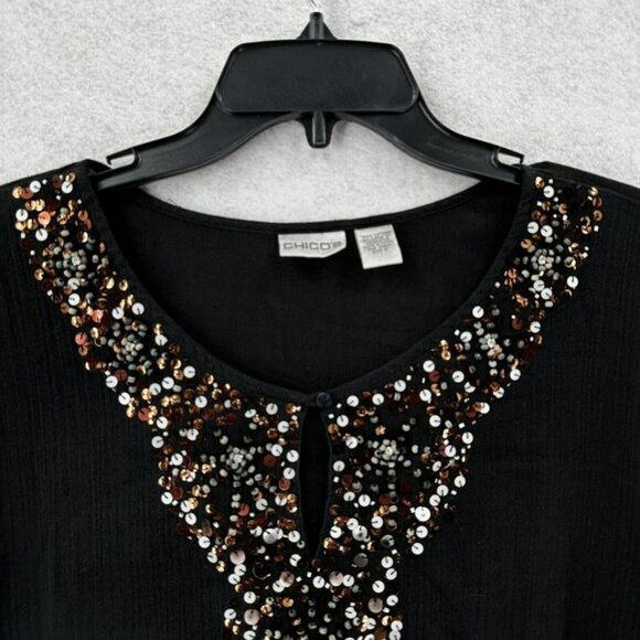 Chicos Top 3 (XL) Pullover Gauzy Sheer Black Elastic Waist Sequins Beaded Blouse - Picture 7 of 16
